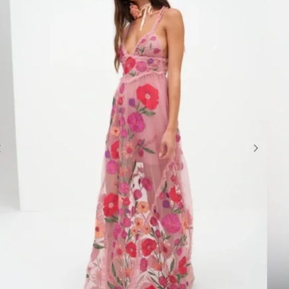For Love And Lemons Dresses & Skirts - Love & Lemons pink floral embroidered maxi dress with slip